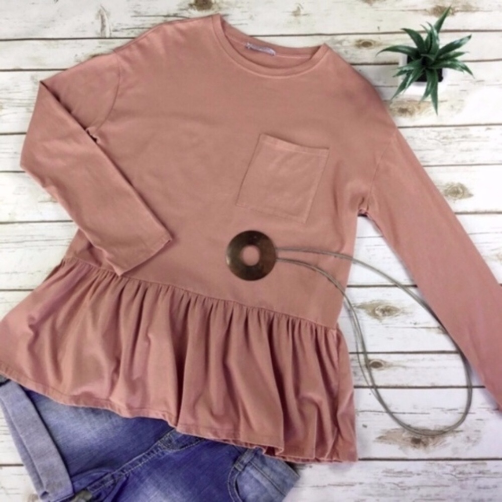 Peach Pink Long Sleeve Peplum Top by Zara Trafaluc - Picture 1 of 8